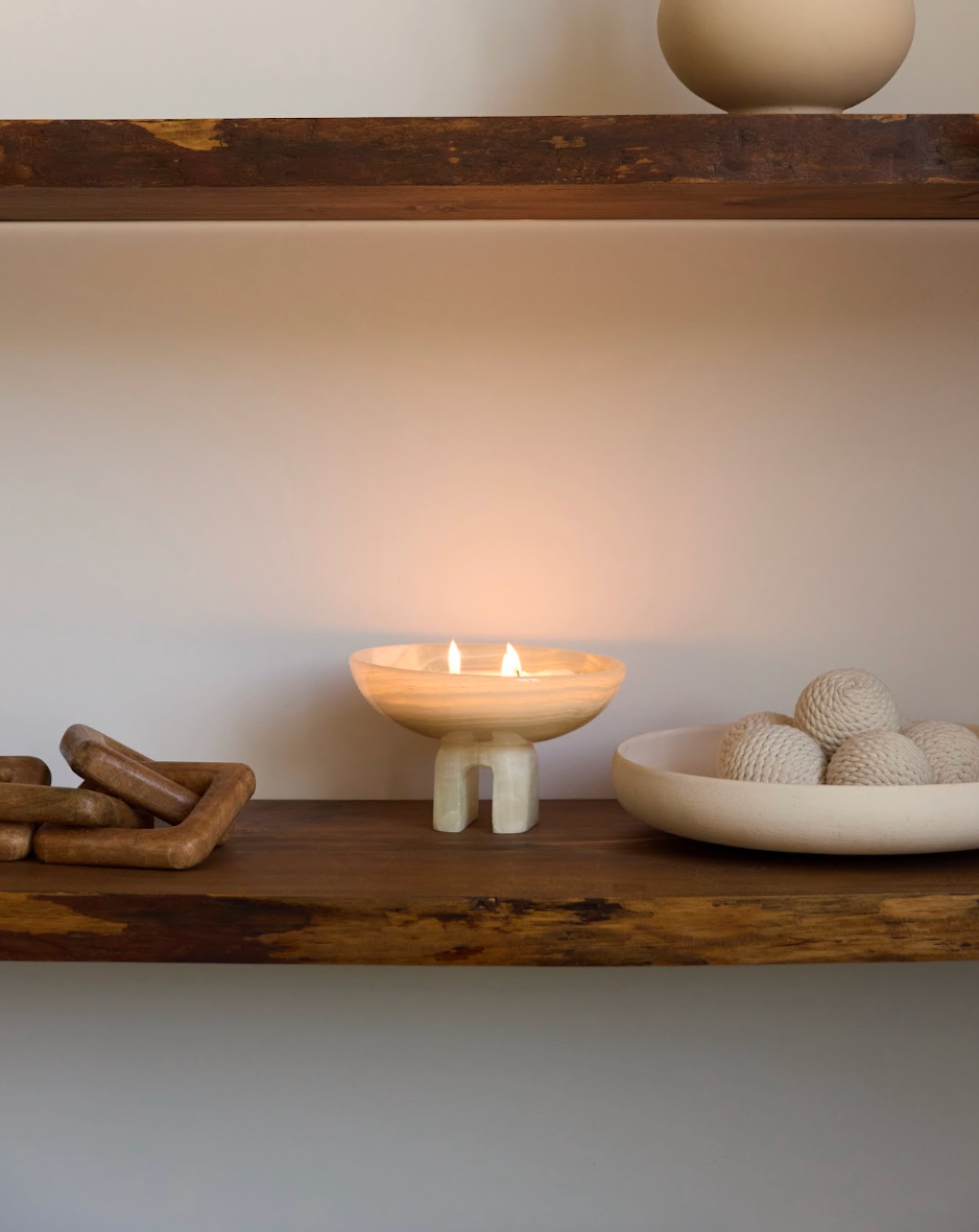 Onyx Heirloom Raised Arched Bowl styled on a shelf