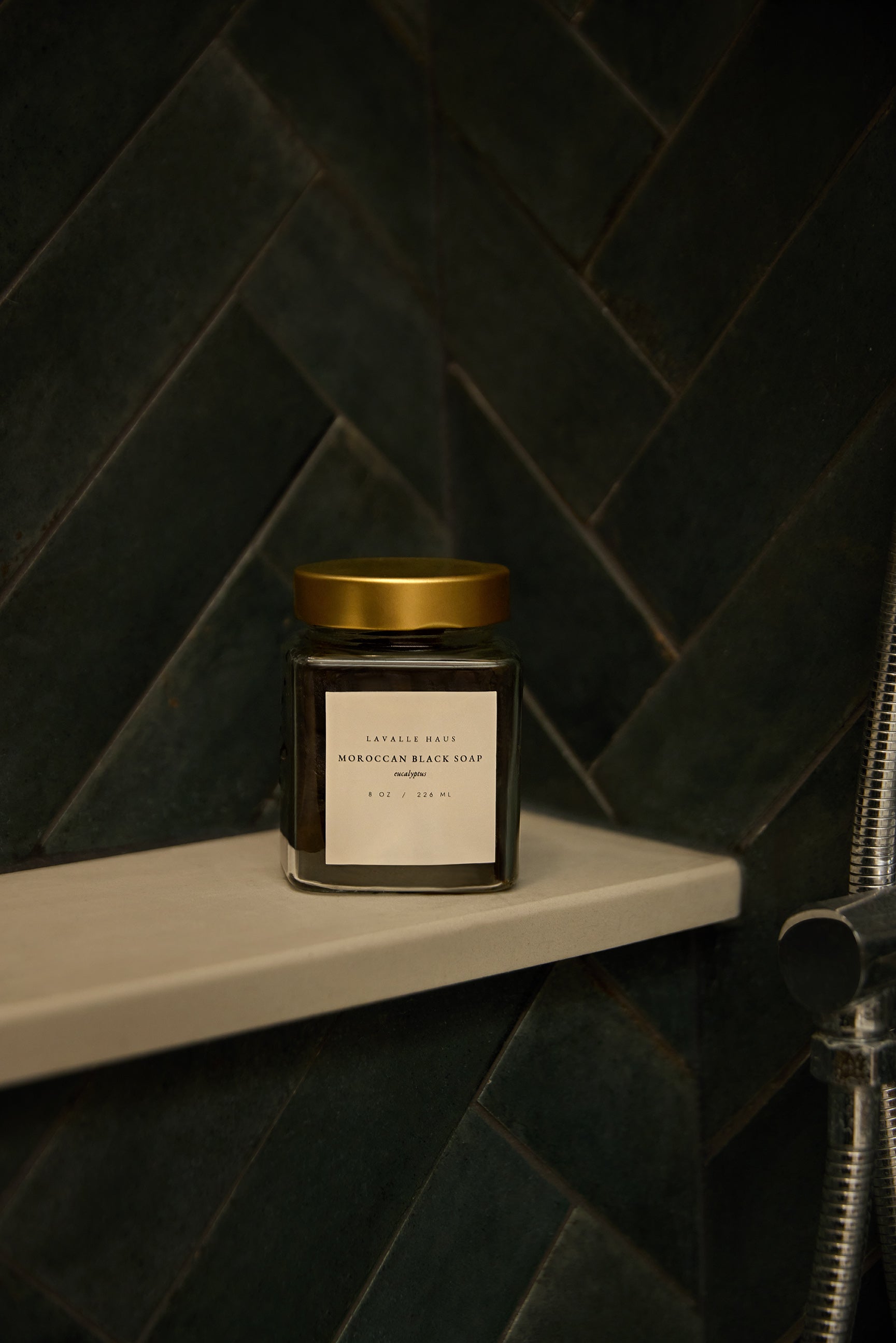 Moroccan Black Soap on a bathroom shelf